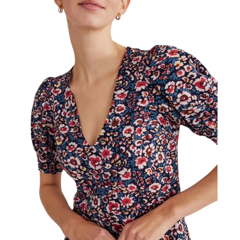Boden V-neck Floral Mini Dress Cotton Short Puff Sleeves  Blue Red Women’s 8L - Picture 17 of 17